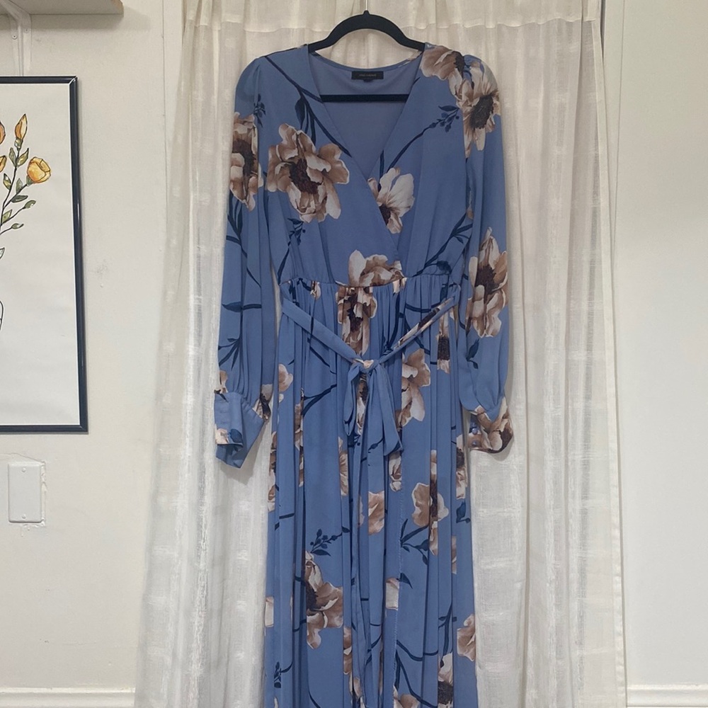 Maxi dusty blue floral long sleeve modest dress